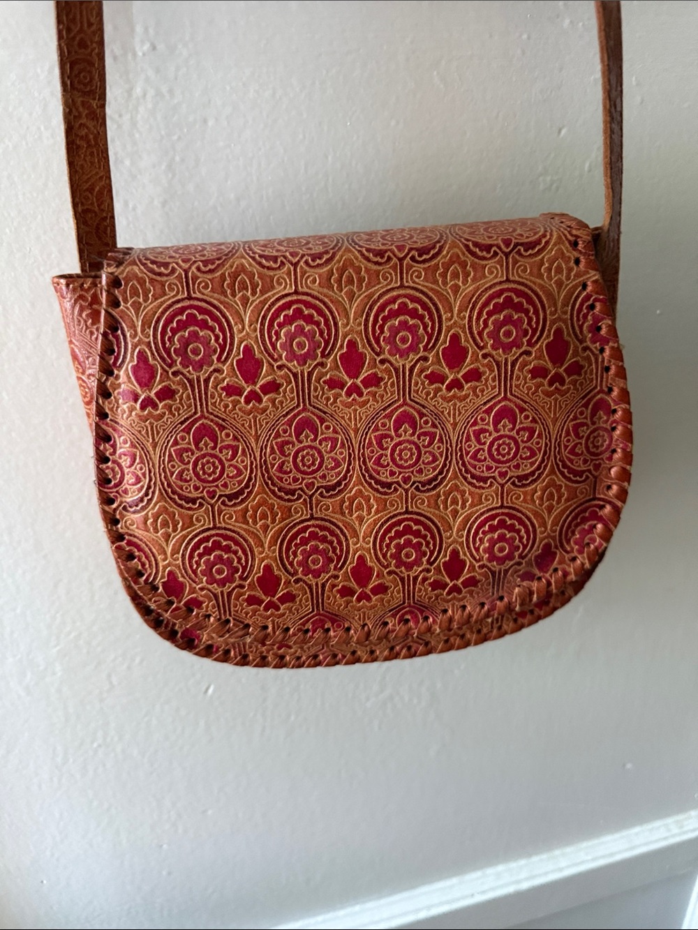 Impressed Floral Crossbody Bag in Red and Tan